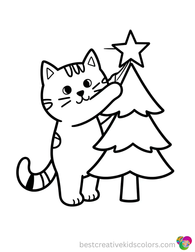 Pete the Cat coloring page Christmas shows Pete hanging a paper star on a small pine tree.