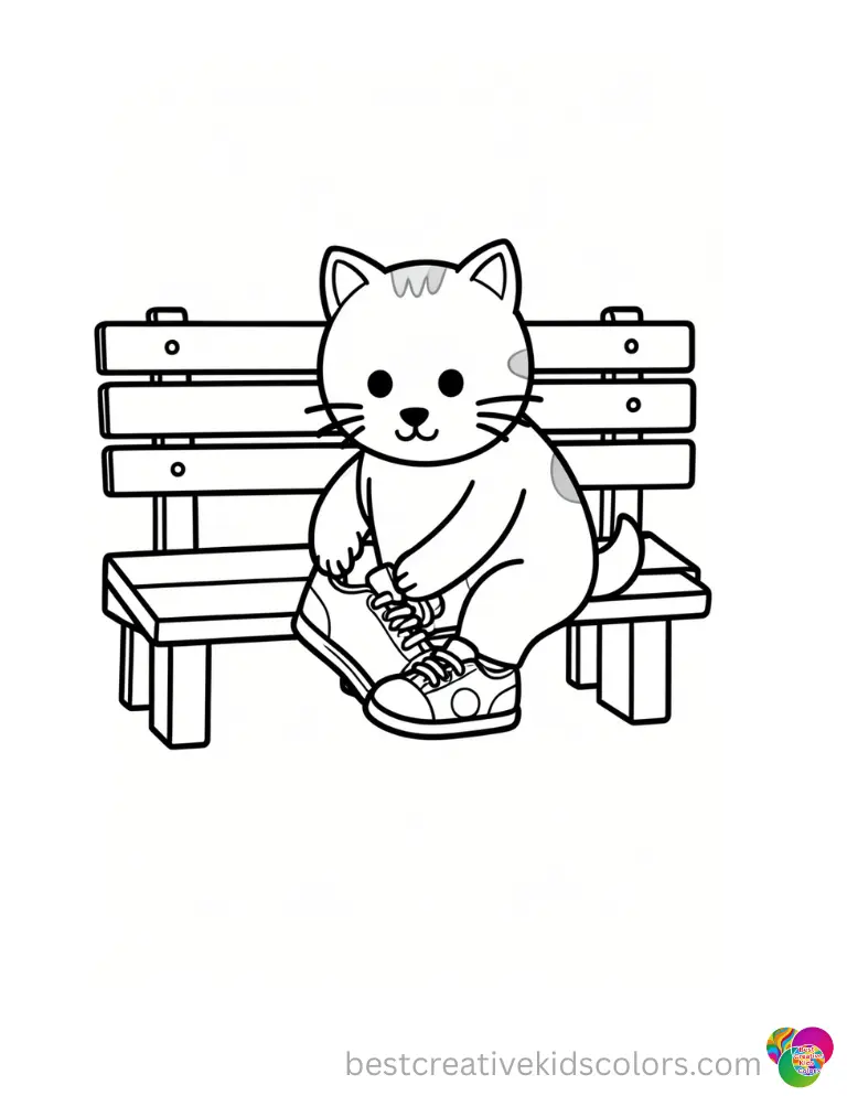 Pete polishes bright sneakers in Pete the Cat coloring page Shoes beside a wooden bench.