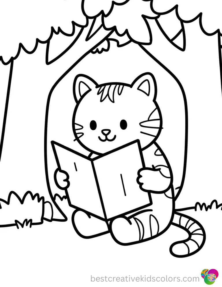 Pete the Cat printable PDF free features Pete reading a folded map under a leafy tree.