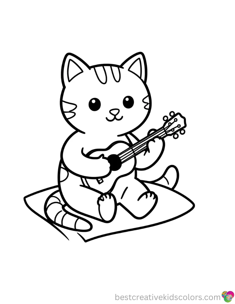 Pete the cat coloring page easy shows Pete strumming a tiny ukulele while sitting on a mat.