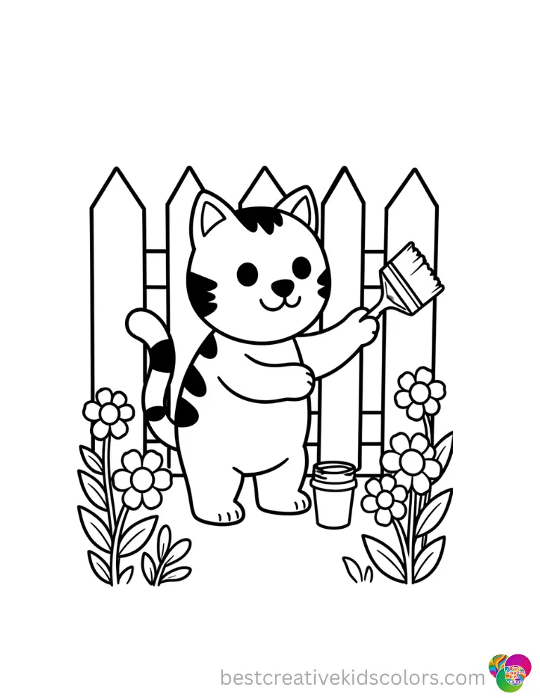 A smiling Pete paints fence stripes in Pete the cat coloring page printable beside flowers.