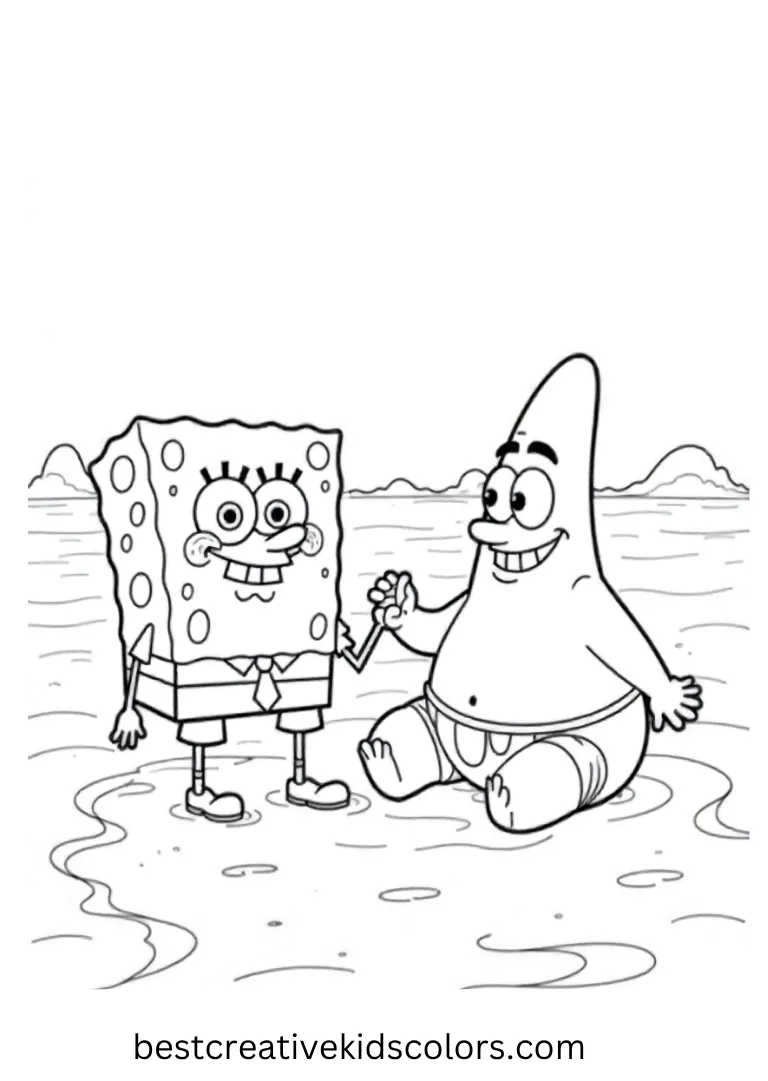 The two best friends share snacks near the ocean waves with simple, clean outlines.