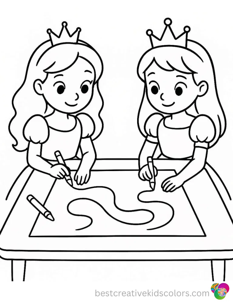 Picture for colouring pdf depicts princesses tracing lines with crayons on cardboard.
