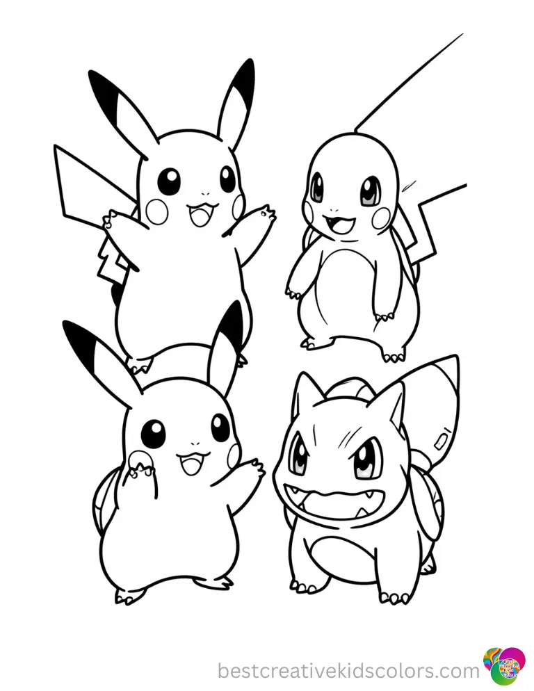 Pikachu charmander squirtle bulbasaur coloring page features a bright Ho-Oh leaving a rainbow trail.