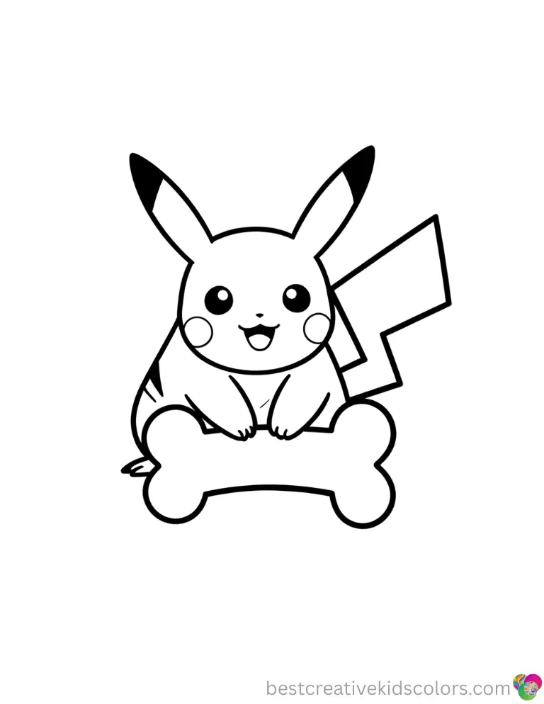 Decorate the fun Pikachu valentine coloring page showing a happy Pikachu burying a large red bone toy.