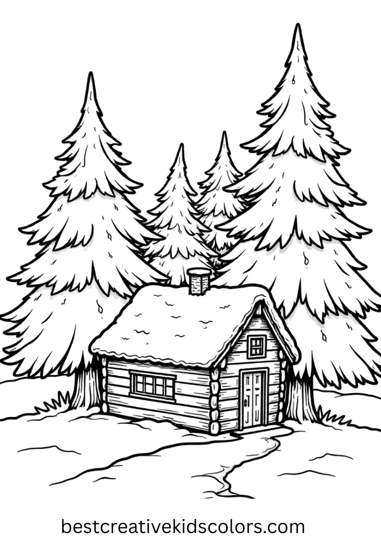 Pine tree wallpaper depicts rolling evergreens rising behind a tiny snow-covered cabin.