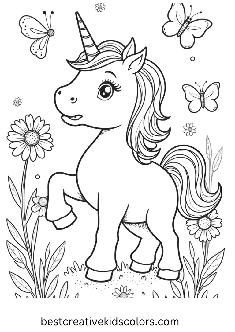 A cute unicorn plays among big daisies and butterflies — a lovely Unicorn Coloring Page filled with charm and joy.