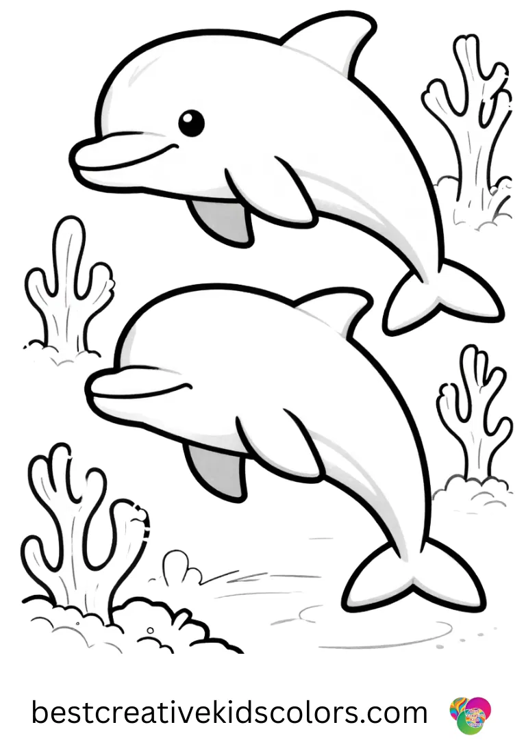 Playful dolphin in a coral reef wonderland coloring pages download depicts a dolphin weaving through colorful coral tunnels.