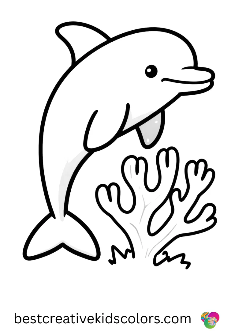 A dolphin taps coral branches to release tiny bubbles in Playful dolphin in a coral reef wonderland coloring pages free.