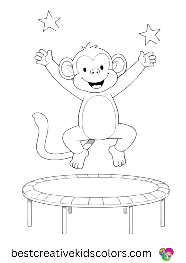  Playful monkey reaching for the stars coloring page free shows a monkey bouncing on a trampoline toward bright stars