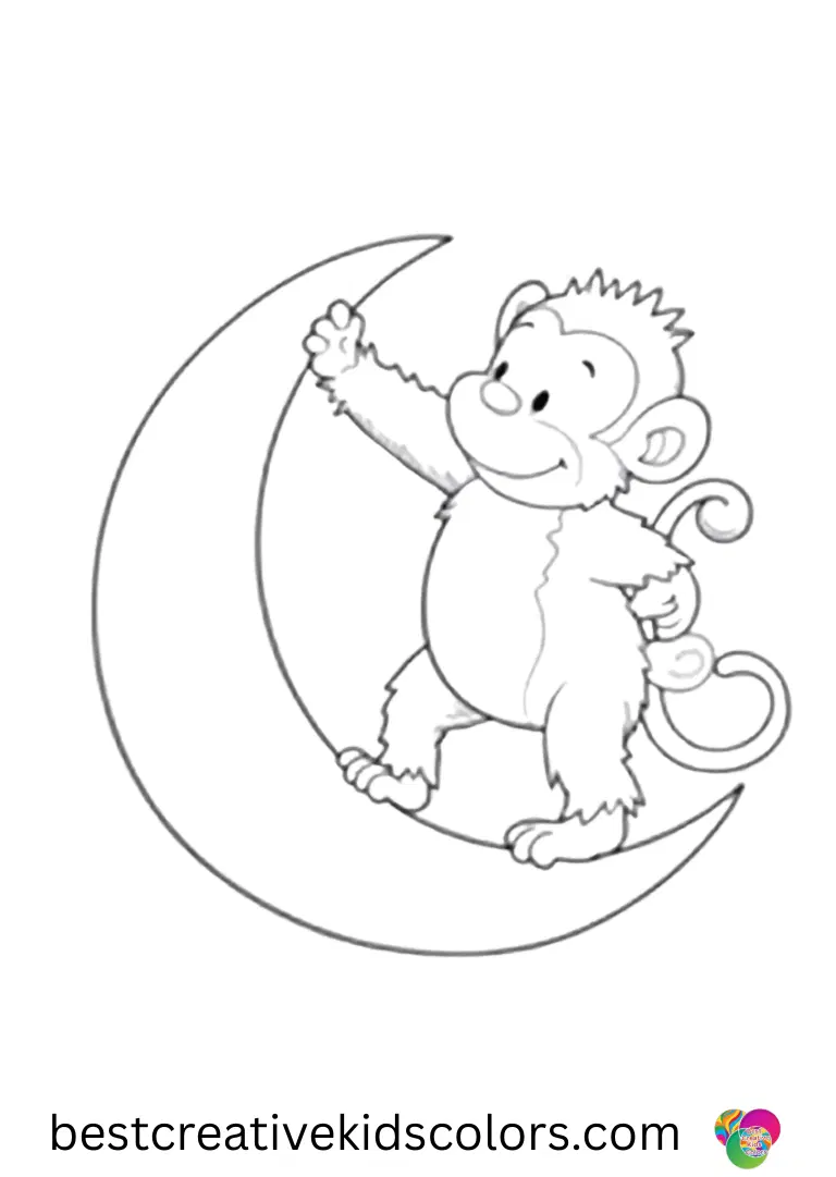 A monkey balances on a crescent moon in Playful monkey reaching for the stars coloring pages free