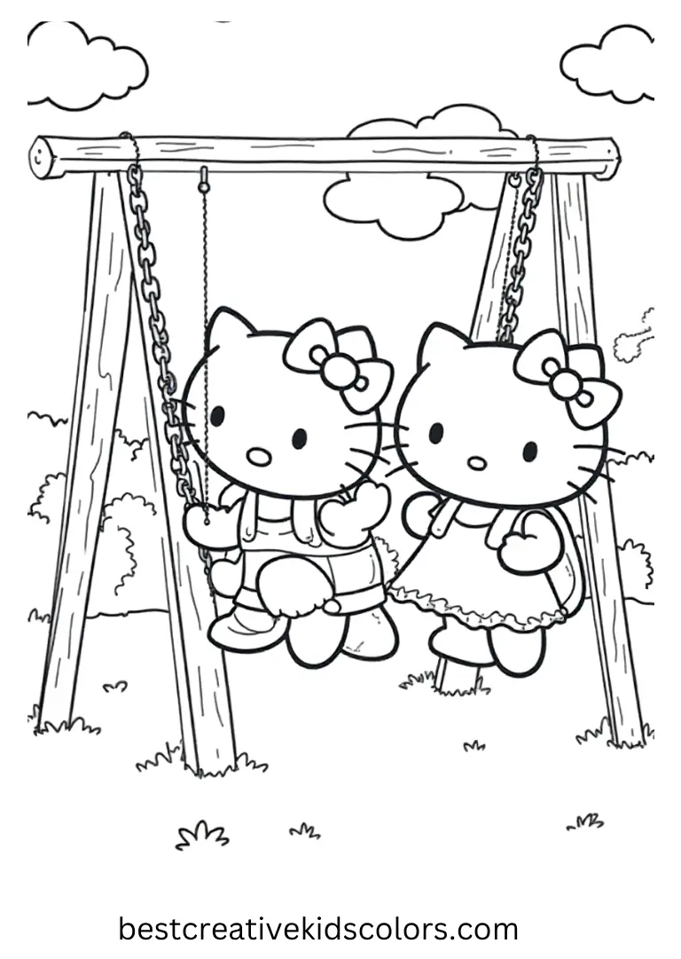 Playground Fun Hello Kitty Coloring Page Hello Kitty and friends swing and slide together on a playground, perfect for young artists.