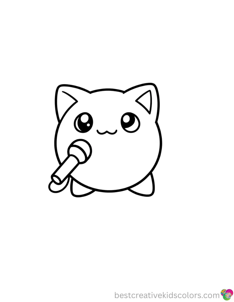A round Jigglypuff sings a sweet lullaby into a microphone within Pokemon color page printable.