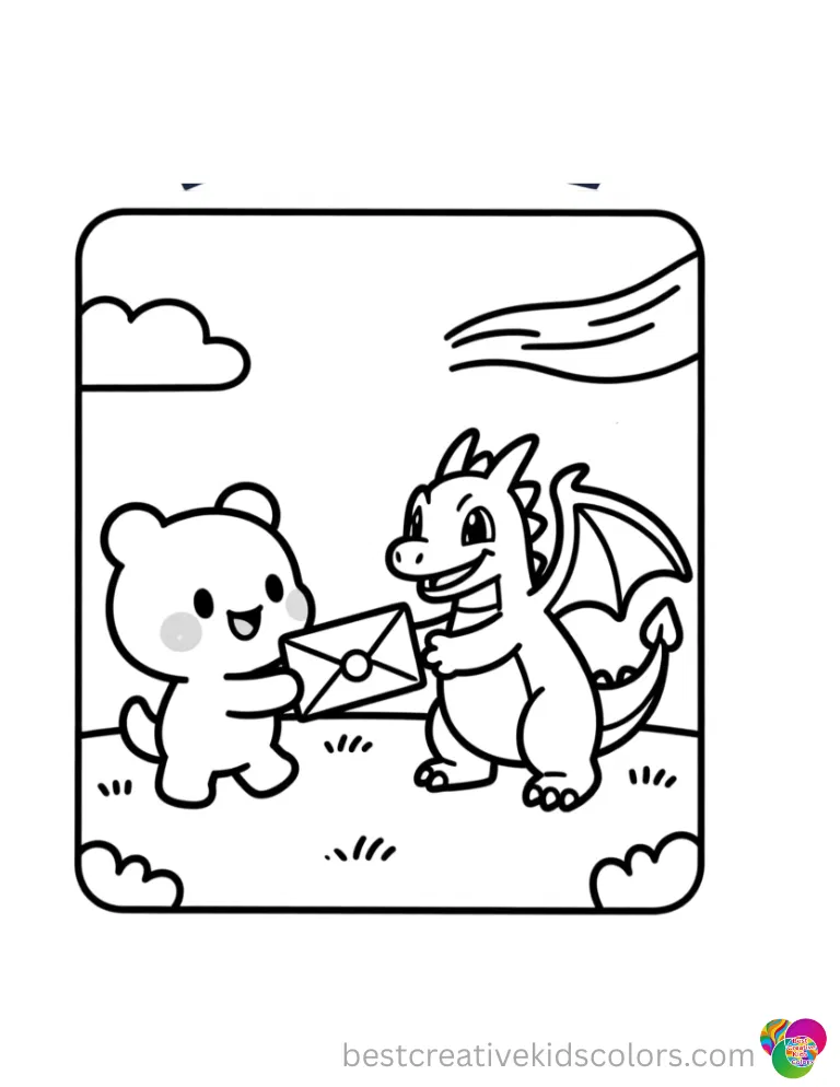 Pokemon coloring book pdf features a friendly Dragonite delivering a special letter in the wind.