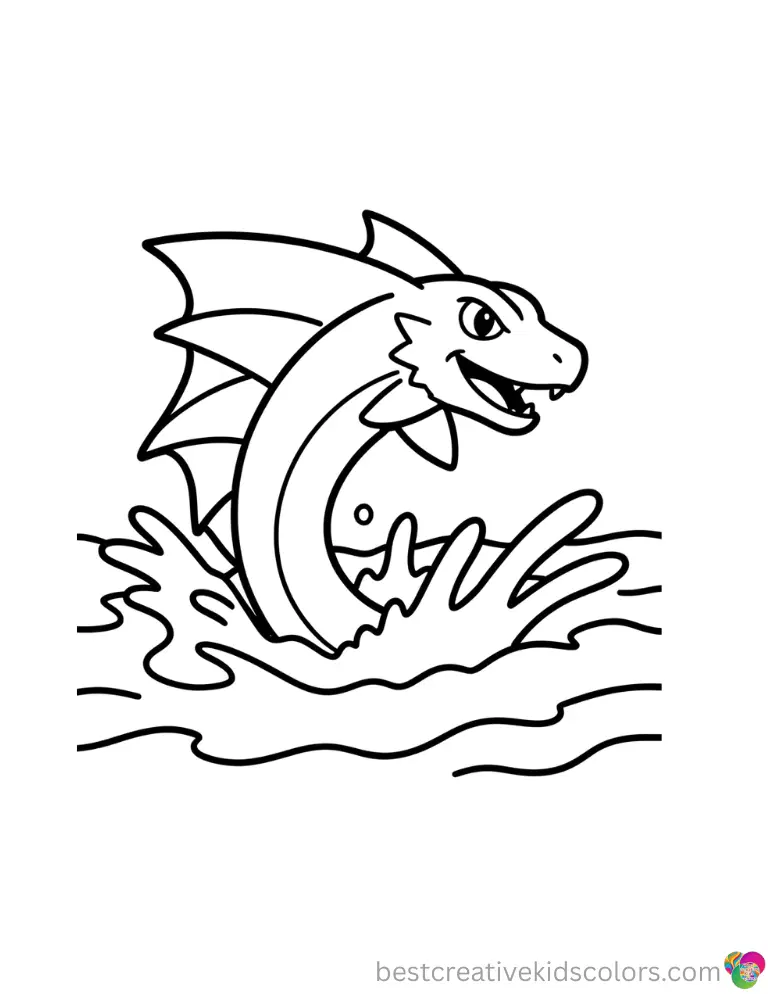 Pokemon coloring page free printable reveals a fierce Gyarados leaping out of a stormy sea.