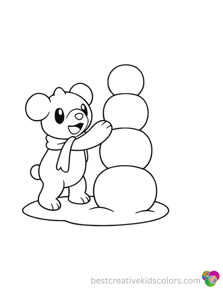 A brave Pokemon builds a tall snowy tower safely outside in Pokemon coloring pages PDF.
