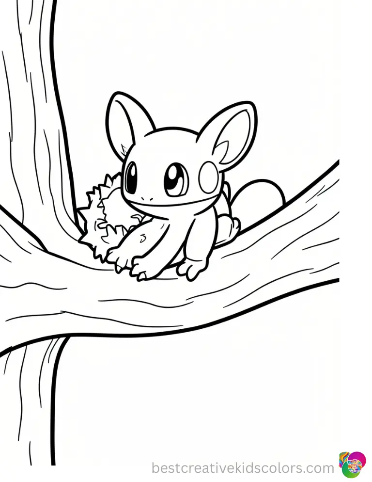Pokemon coloring pages sun and moon shows a cool Rowlet nesting in a hollow wooden tree branch.