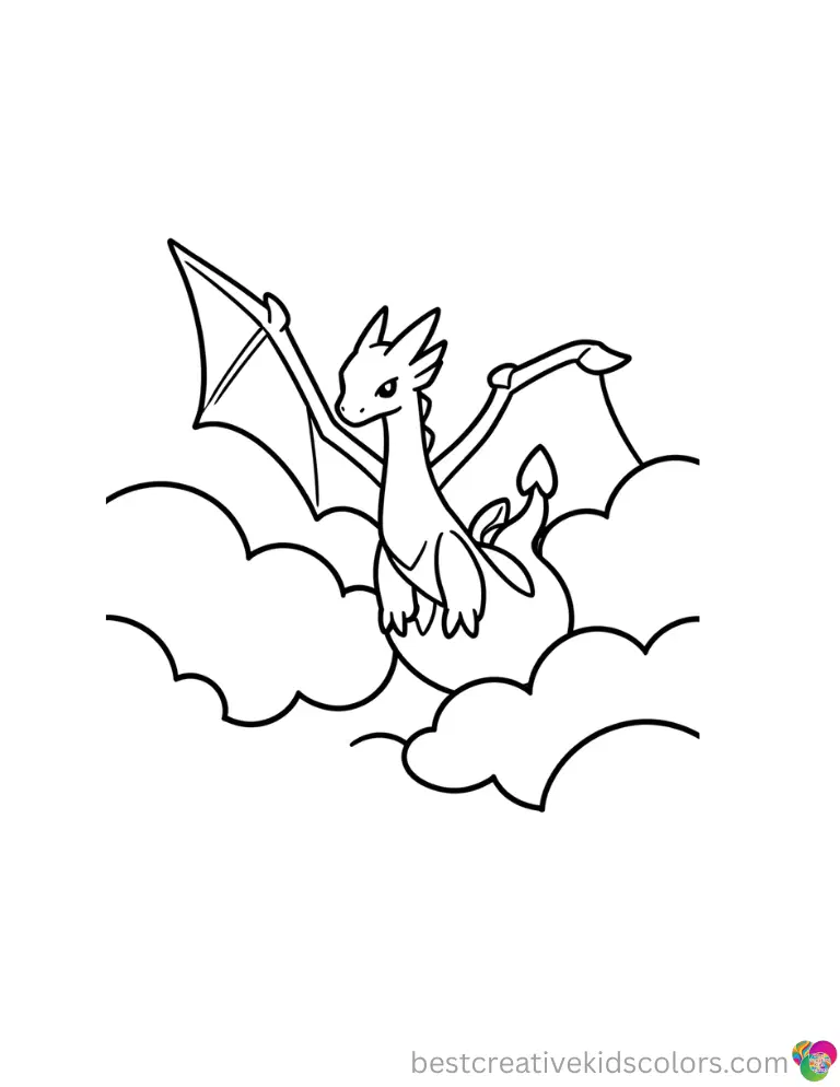 A green Rayquaza soars majestically through the white fluffy clouds in Pokemon colouring in pages free.