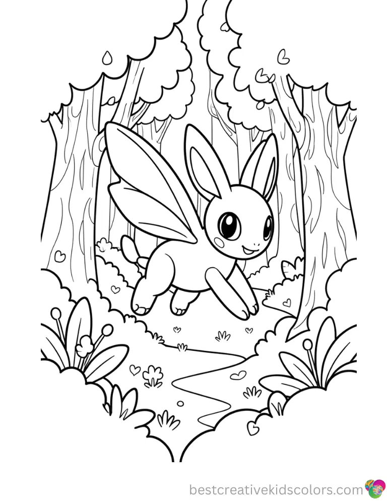 A mysterious Celebi flies through a magical green forest inside Pokemon mandala coloring pages.