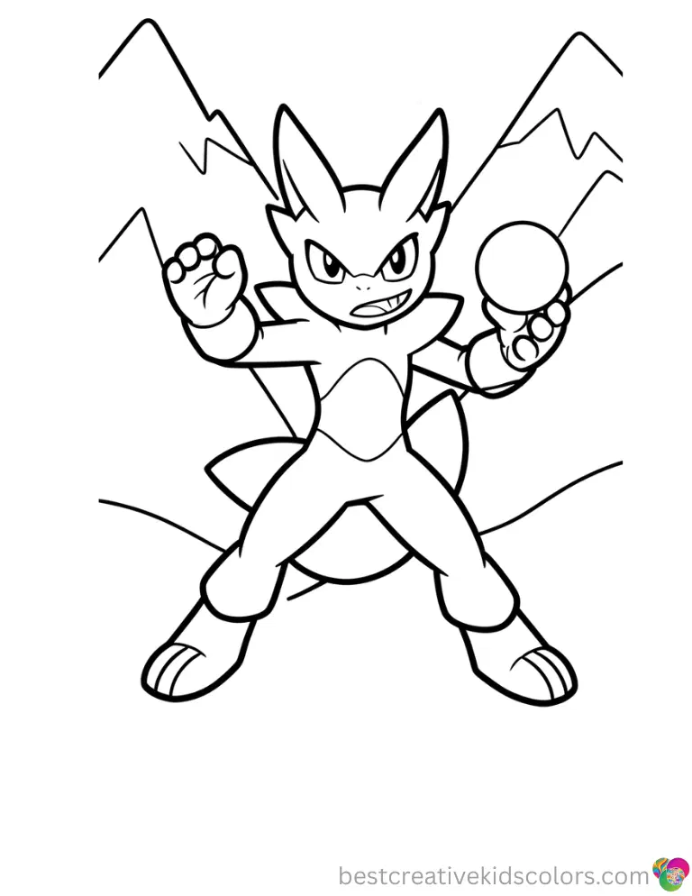 A brave Lucario practices its aura sphere attack in the mountains inside Pokemon printable coloring page.