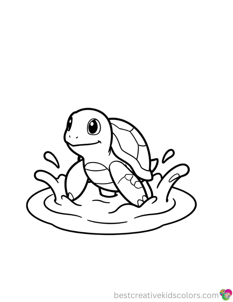 Bring life to Pokémon printable coloring pages by shading a cute Squirtle splashing in a cool pond.