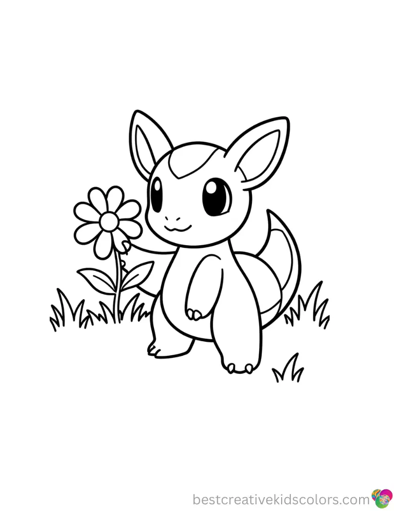 Inside Pokemon valentine printable a cute Chikorita offers a lovely pink flower in a grassy green field.