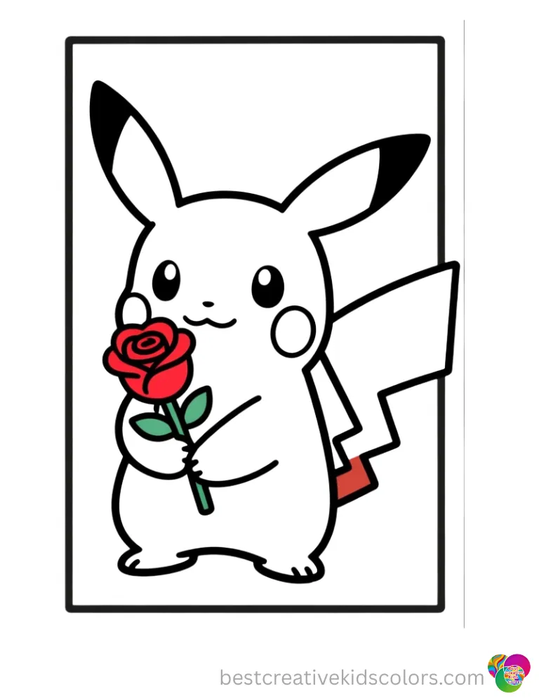 Pokemon valentines coloring pages printable pdf features a Pokemon holding a rose.