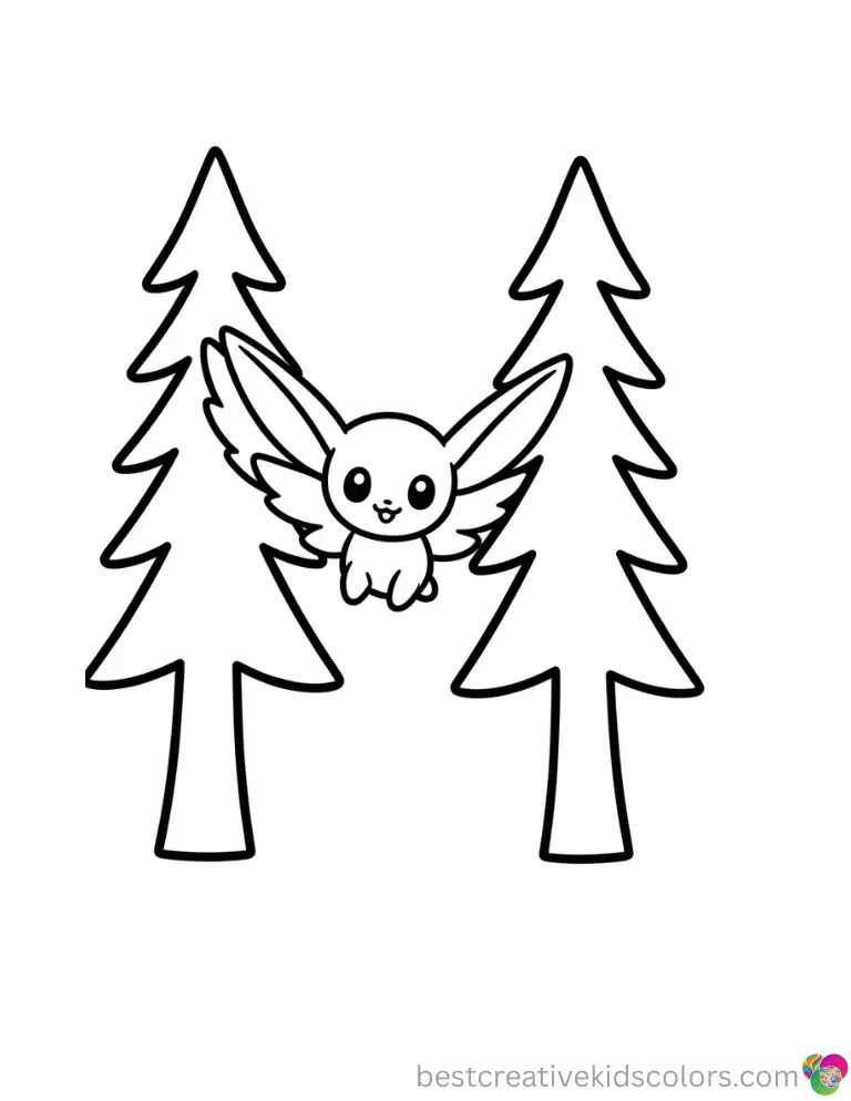 The Pokemon valentines printable features a cute Emolga gliding gracefully between two tall pine trees.