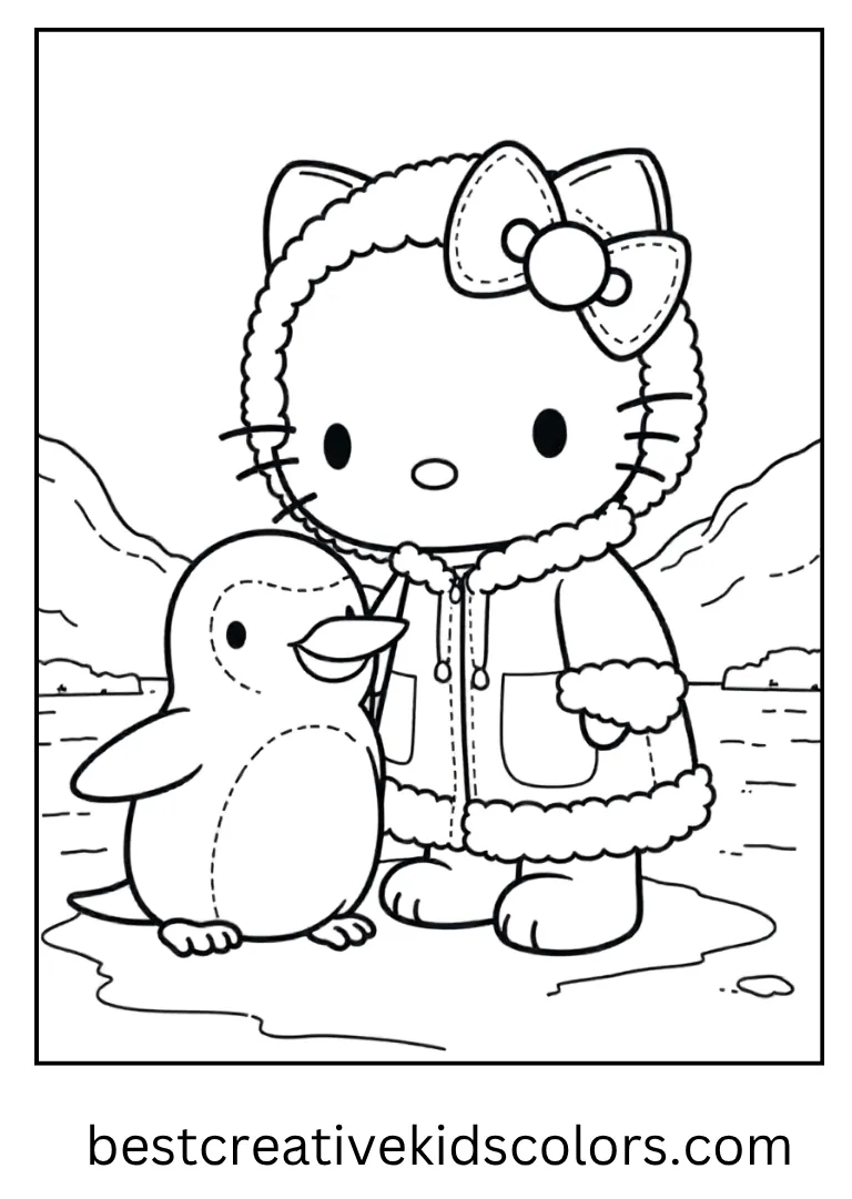 Hello Kitty wears a fuzzy hood while standing beside a smiling penguin on ice.