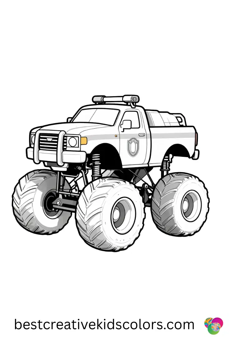 A police truck rolls slowly on a city street. Bold lines make it easy for beginners to color.