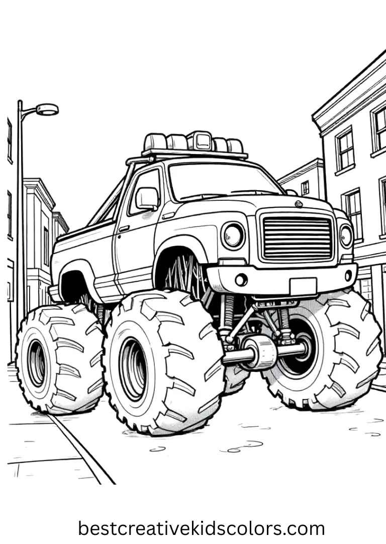 A police truck glides slowly along a city street. Bold outlines help kids color smoothly.