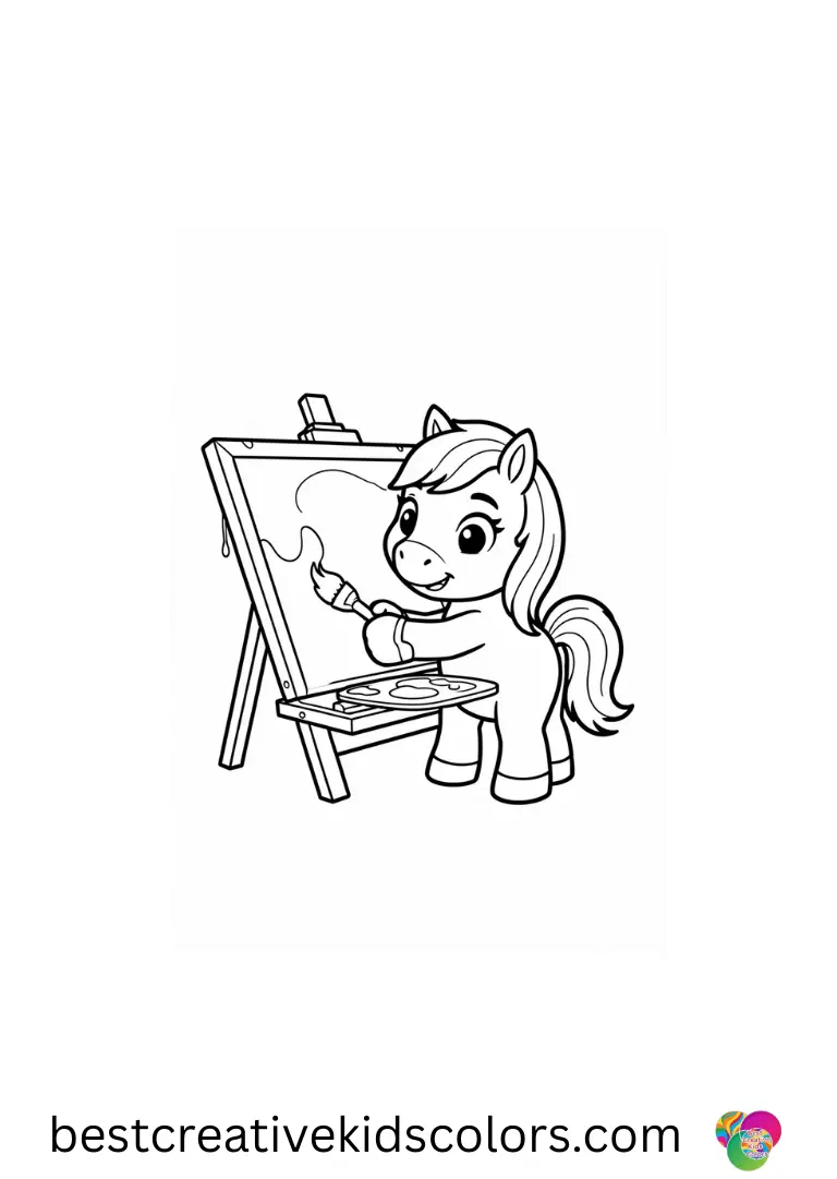 A pony adds splashes of rainbow paint on a canvas in Pony Drawing with colour.