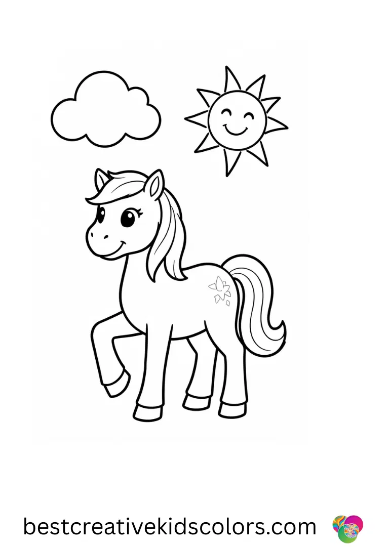A playful pony colors a happy sun and clouds in Pony pictures to print easy.