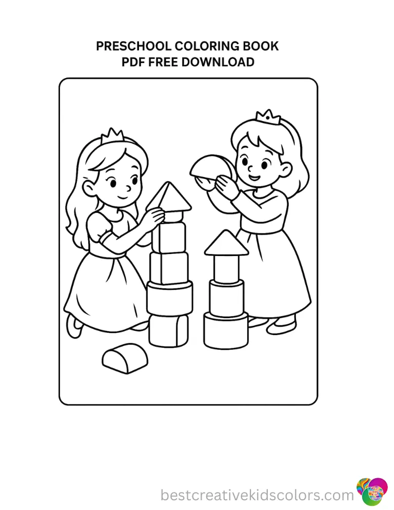 Preschool coloring Book PDF free download shows princesses stacking soft shapes in towers.