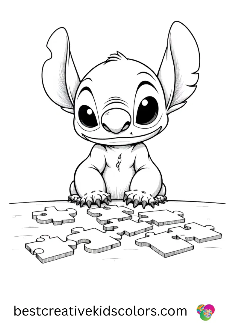 Stitch carefully places puzzle pieces on a table in Preschool coloring Book PDF free download.