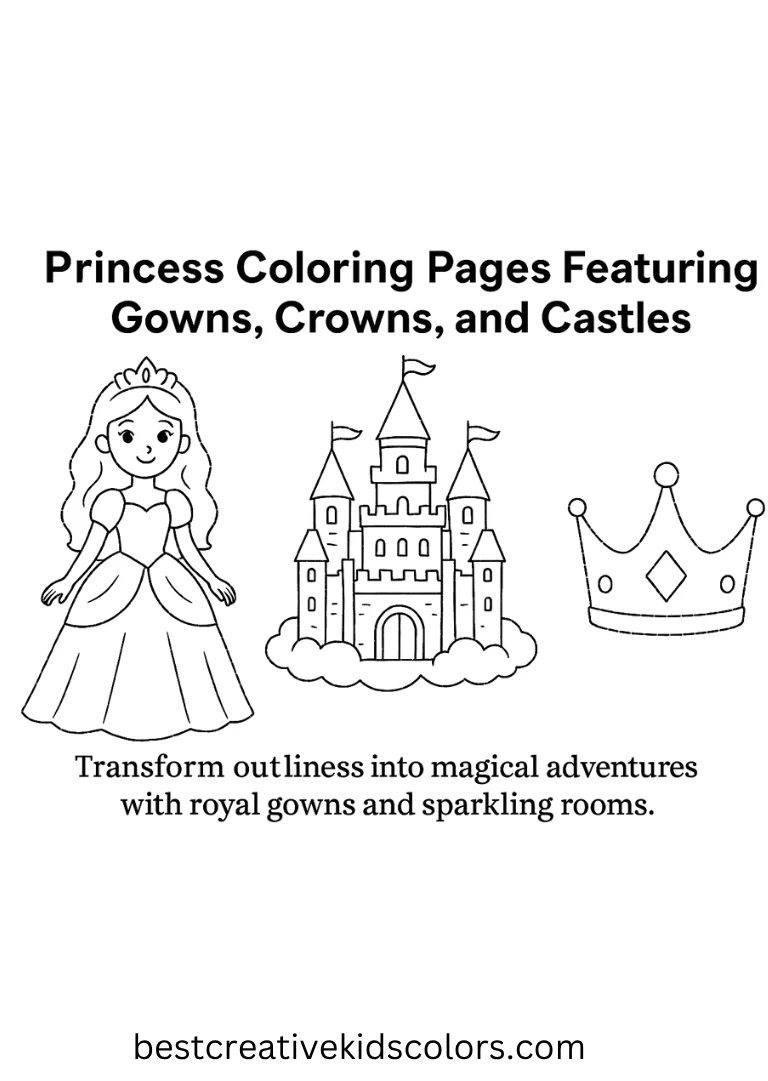 Transform outlines into magical adventures with royal gowns and sparkling rooms.