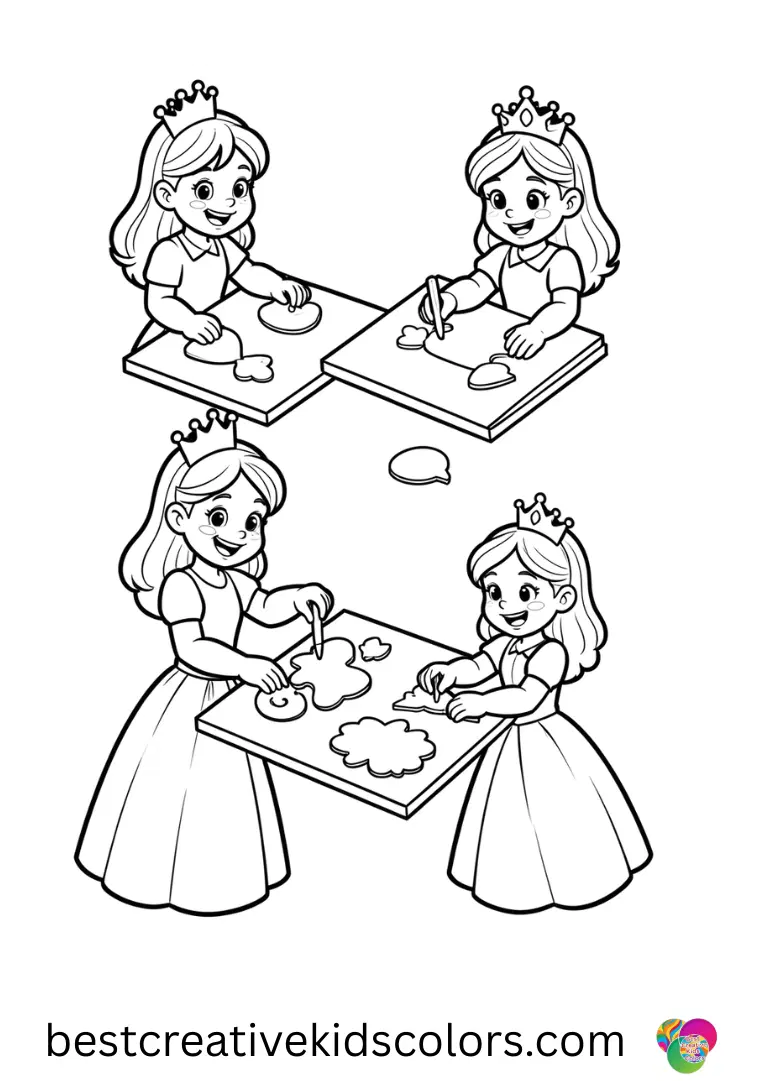 Princess Crafts for 3 year olds shows princesses gluing foam shapes to craft sheets