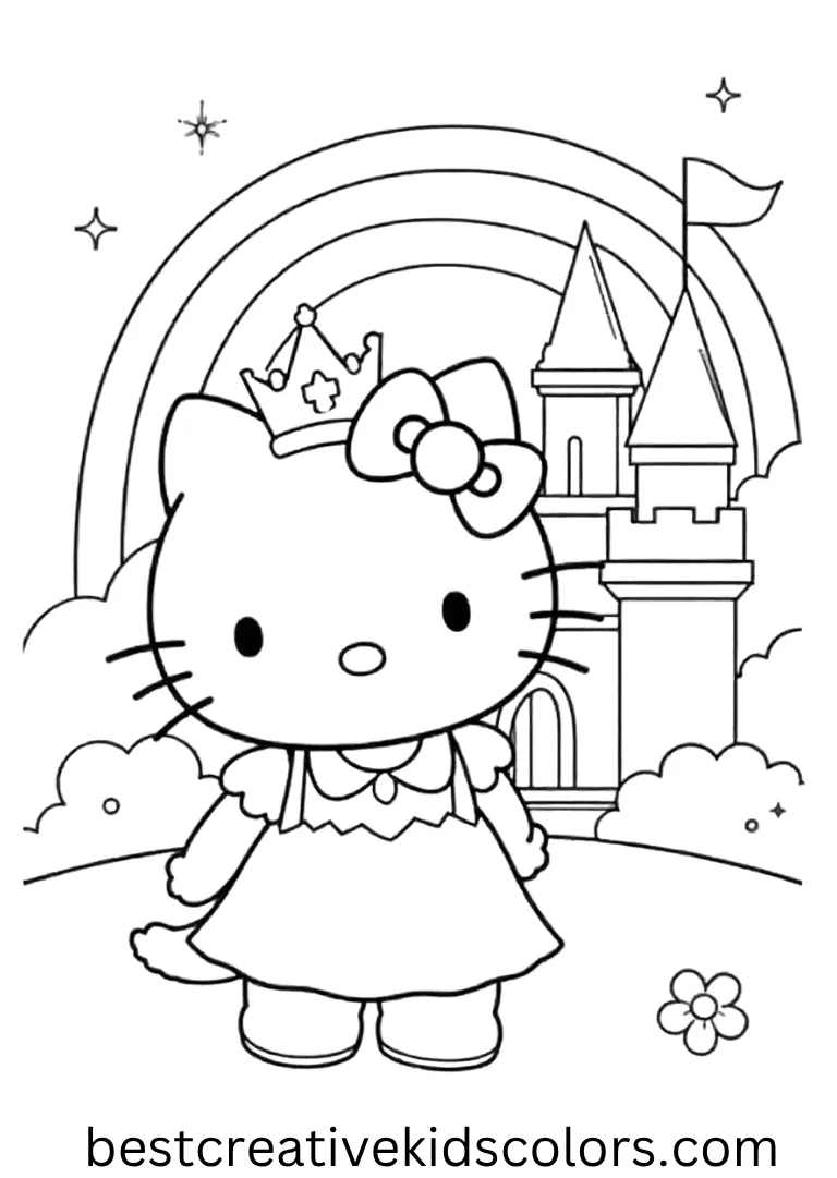 Hello Kitty stands outside a royal castle with a sparkly rainbow above her crown.