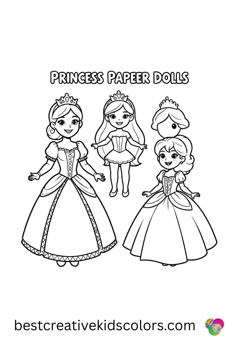 Princess Paper dolls Printable shows princesses arranging paper doll outfits.