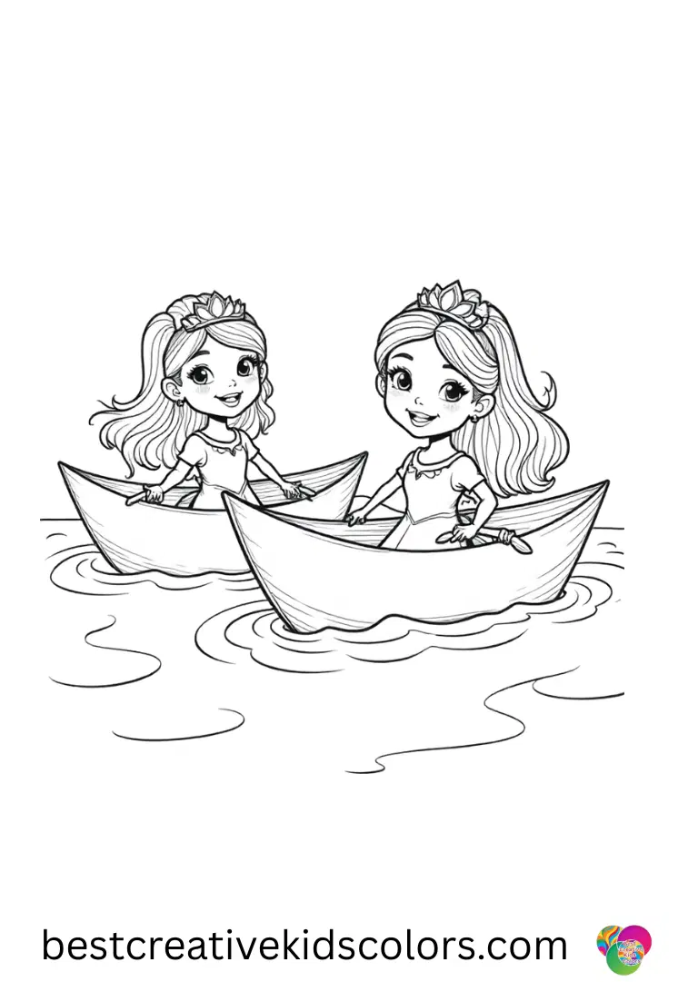 Princess art drawing depicts princesses folding colorful paper into boats.