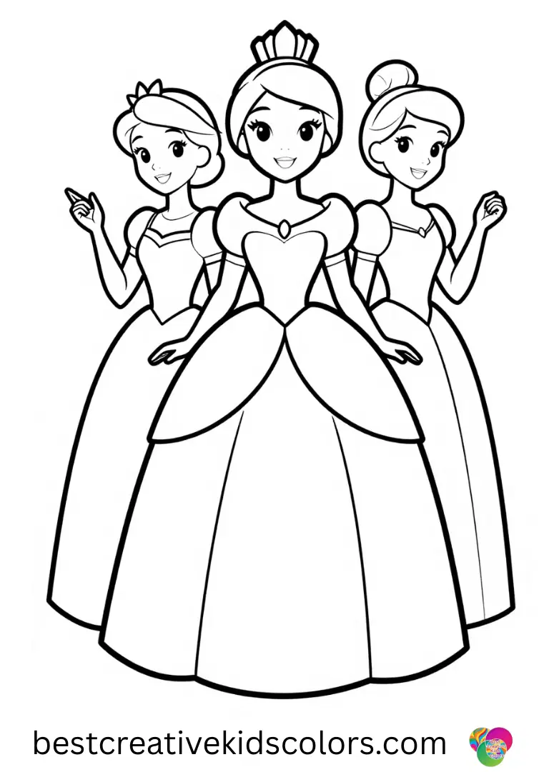 Princess colouring page easy depicts princesses creating patterns with soft rubber stamps.