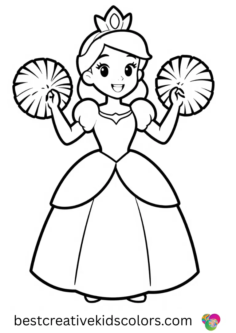 Princess colouring page free download depicts princesses moving pom-poms with small scoops.