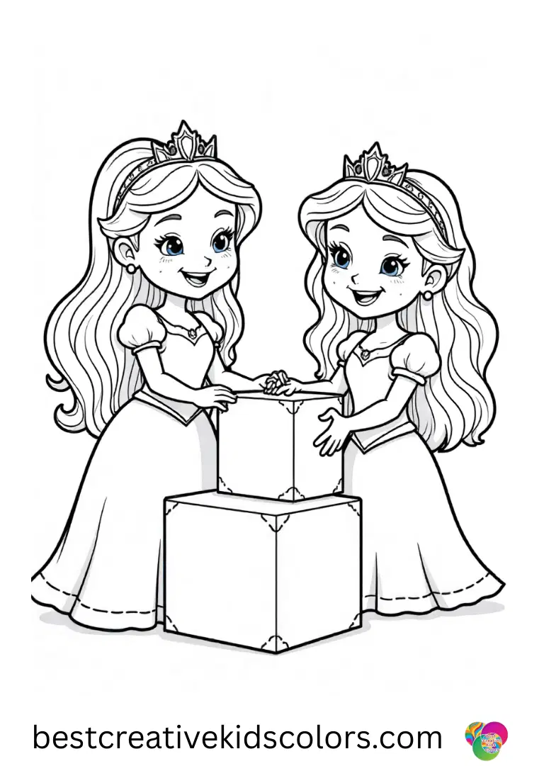 Princess colouring page pdf shows princesses stacking foam shapes by color.
