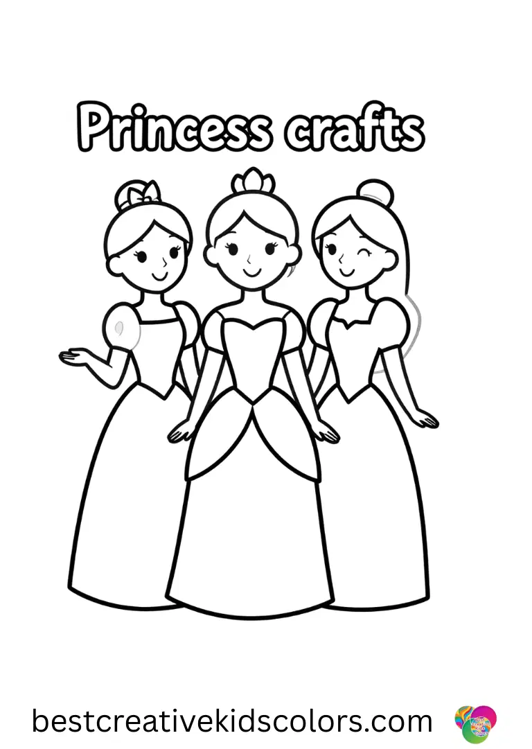 Princess crafts depicts princesses painting cardboard cutouts with bright colors.
