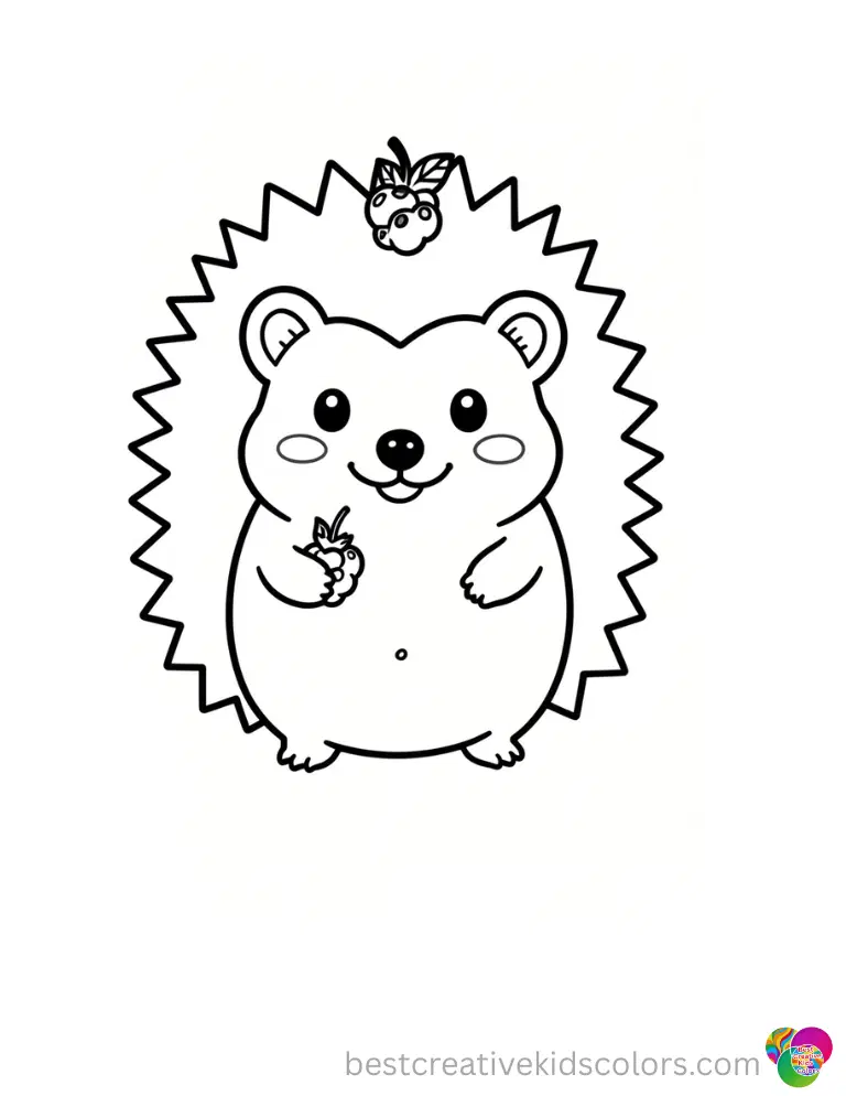 Print fall coloring pages nicely presents a happy hedgehog holding a sweet red berry safely.