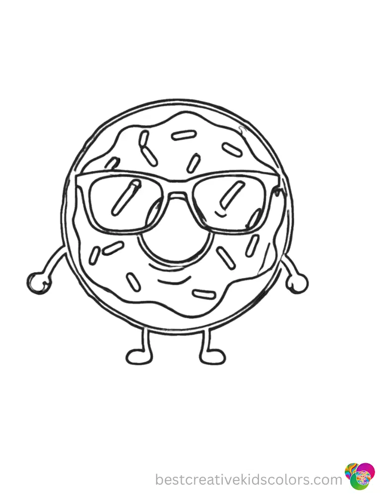 Grab Printable Donut Colouring Pages for Fun showing a cool donut sporting sunglasses.