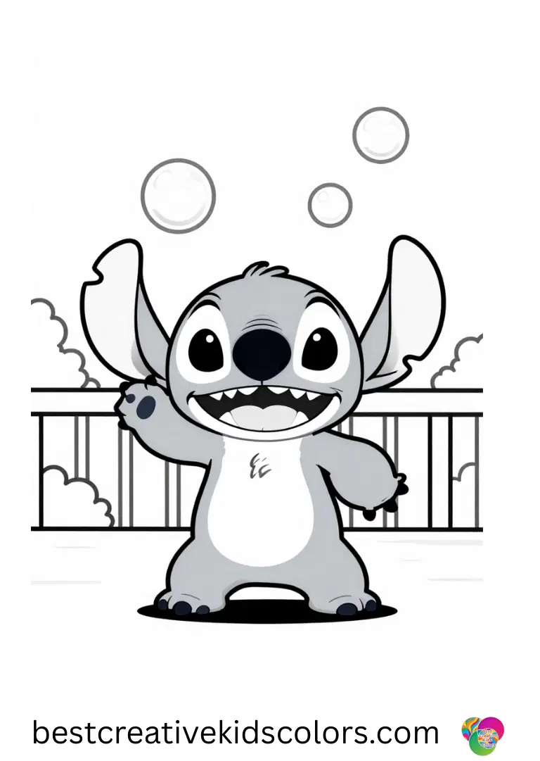 Stitch plays with bouncing bubbles on a sunny porch in Printable Stitch pictures free.