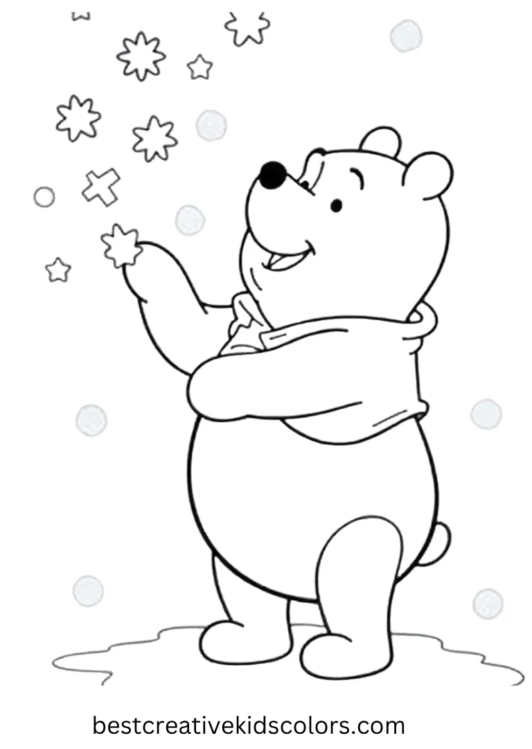 Printable Winnie the Pooh Coloring Pages – Pooh Catching Snowflakes Pooh catches falling snowflakes on his paw with delight.