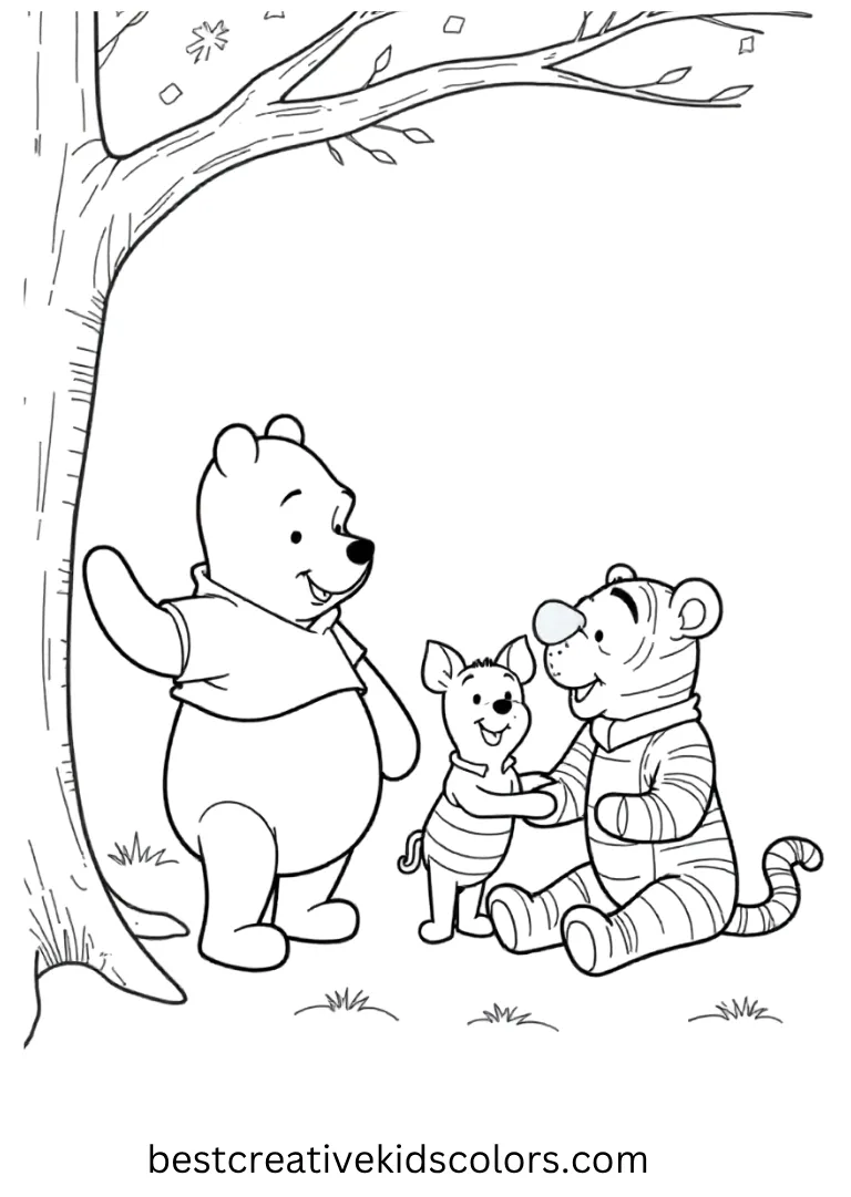 Printable Winnie the Pooh Coloring Pages – Pooh and Friends Singing Carols Pooh, Piglet, and Tigger happily sing around a snowy tree.