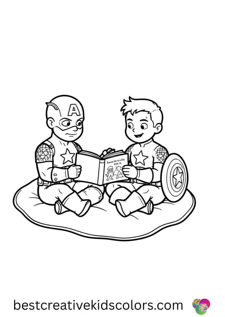 On a soft blanket, Printable captain america characters shows him reading a tiny storybook aloud.